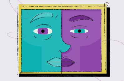 Ilustração de um quadro com metade de um rosto masculino verde e metade de um rosto feminino roxo.